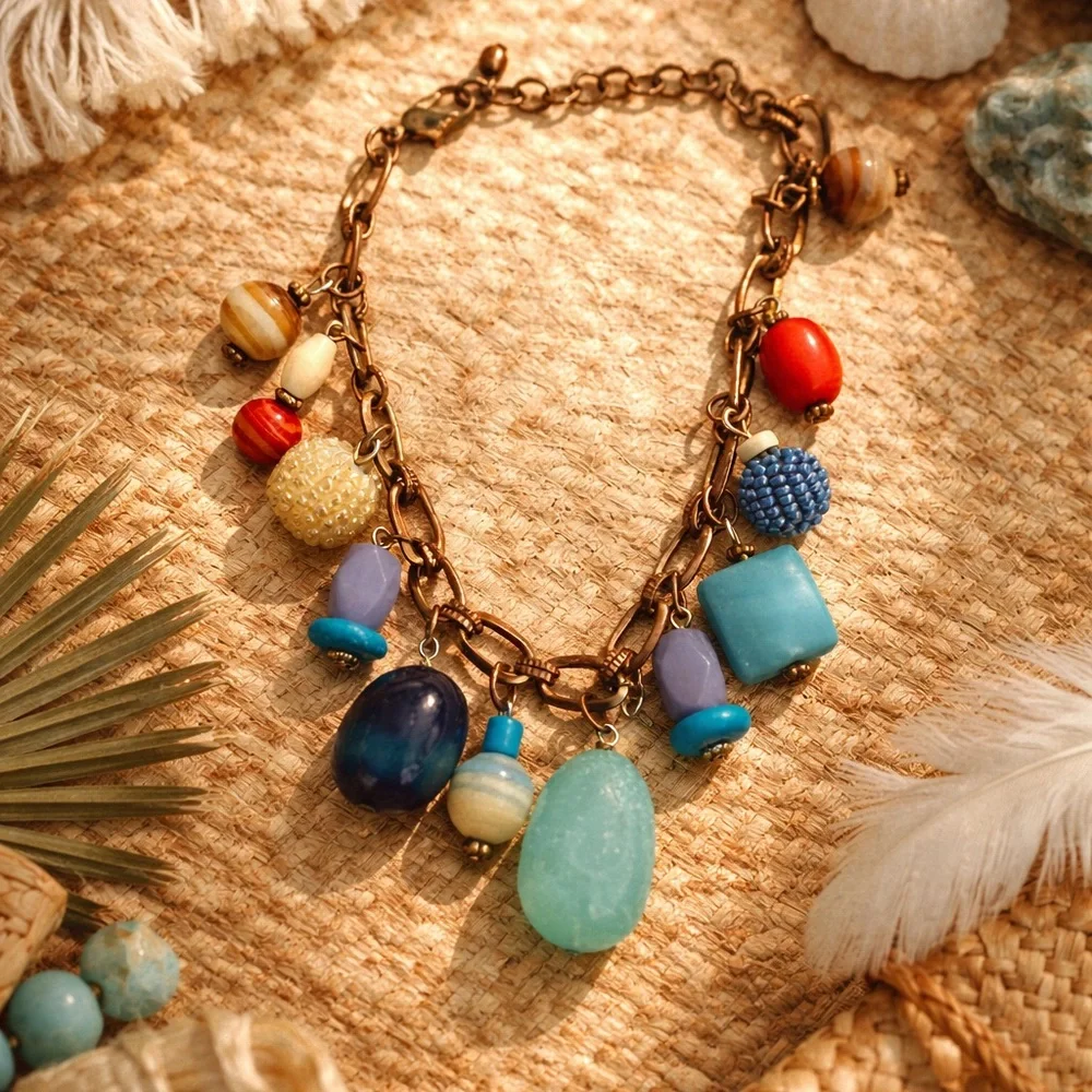 Boho Charm Bracelet Mixed Beads Antiqued Brass Chain Adjustable